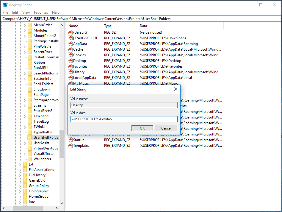 проверьте расположение рабочего стола через редактор реестра Windows