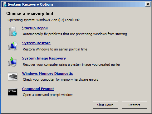 Tùy chọn khôi phục hệ thống Windows 7