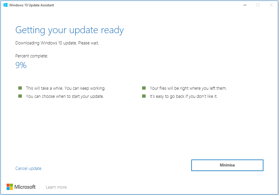 O Assistente de atualização do Windows 10 começará a baixar arquivos