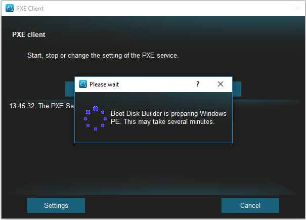 Boot Disk Builder está preparando o Windows PE