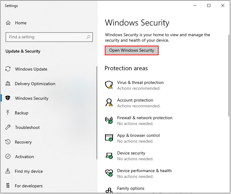abra a segurança do Windows na opção Segurança
