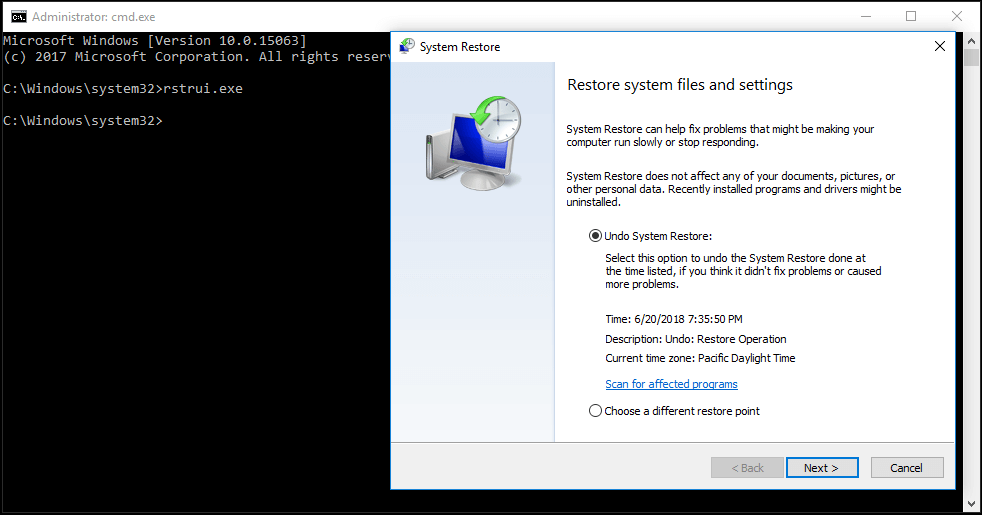 Restauração do sistema Windows 10 a partir do prompt de comando do WinRE