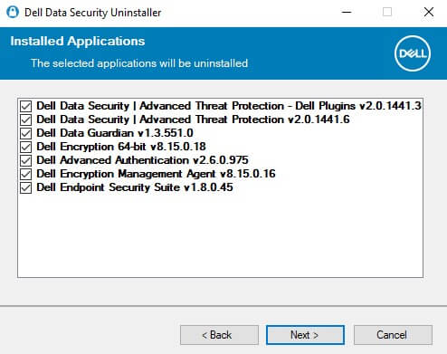 Укажите, какие приложения для обеспечения безопасности Dell следует удалить