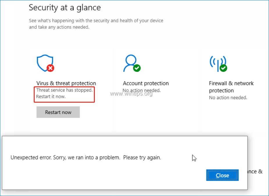 O serviço de ameaças do Windows Defender parou de reiniciá-lo agora