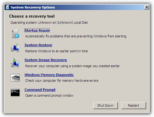 Параметры восстановления системы Windows 7