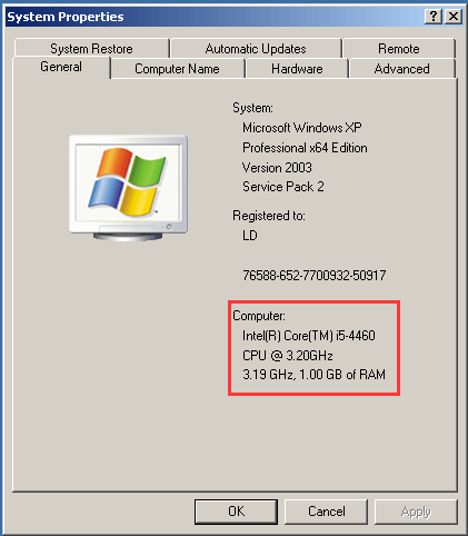 propriedades do sistema no Windows XP