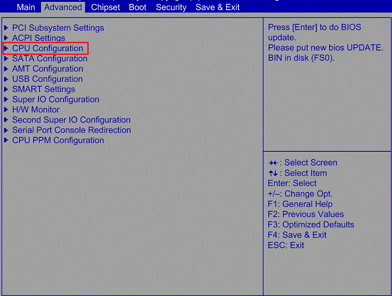 selecione Configuração da CPU no BIOS
