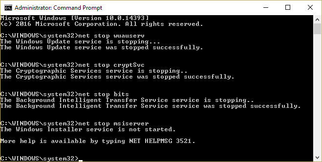 digite os comandos para parar o Windows Update Services