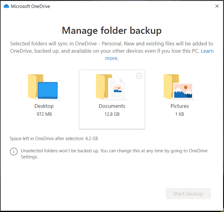 gerenciar pastas de backup do OneDrive