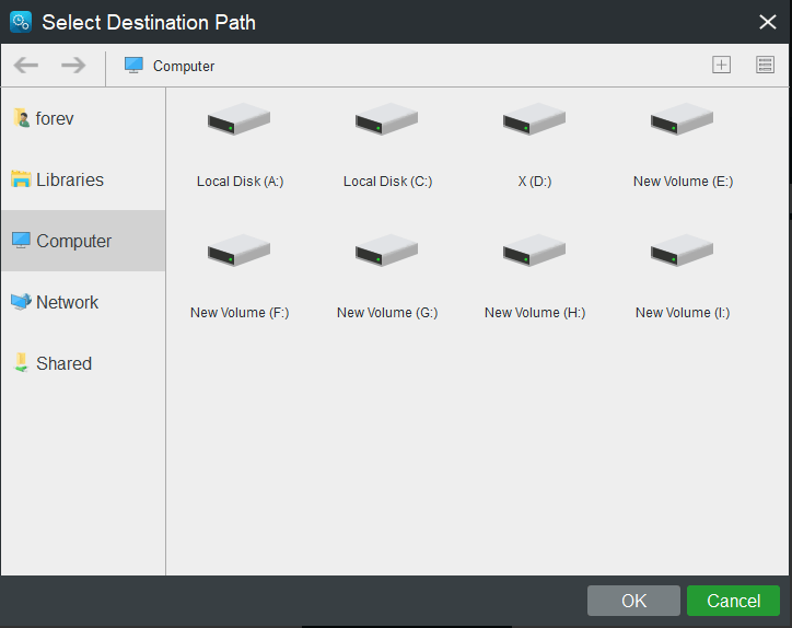 Выберите целевой диск, который используется для хранения резервной копии образа системы