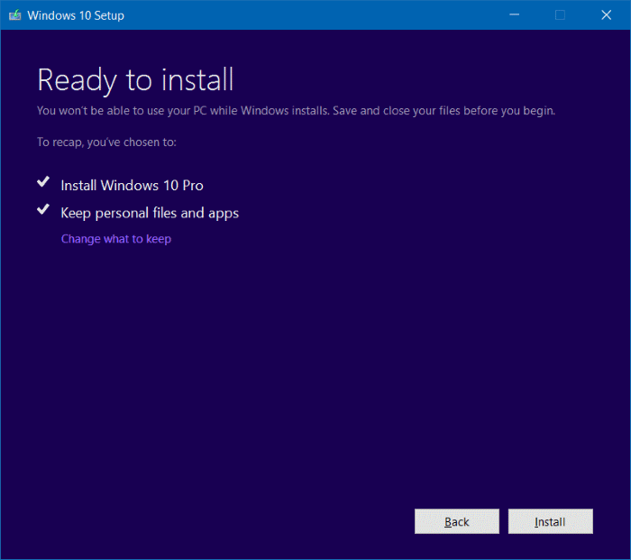 clique em Instalar para começar a reinstalar o Windows 10
