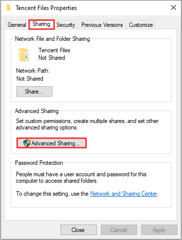 válassza az Advanced Sharing lehetőséget