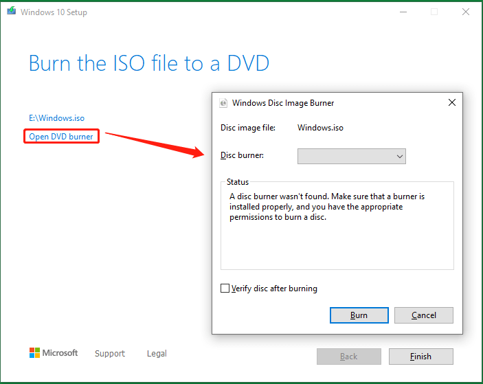 выберите открытое устройство записи DVD