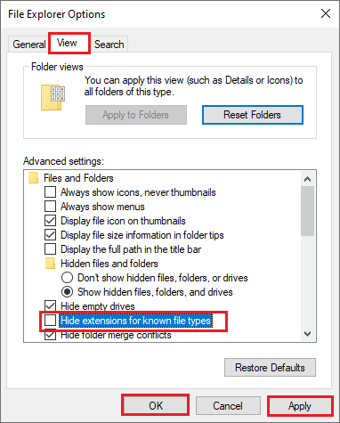 снимите флажок Скрывать расширения для известных типов файлов.