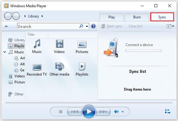 clique no botão Sincronizar na interface do Windows Media Player