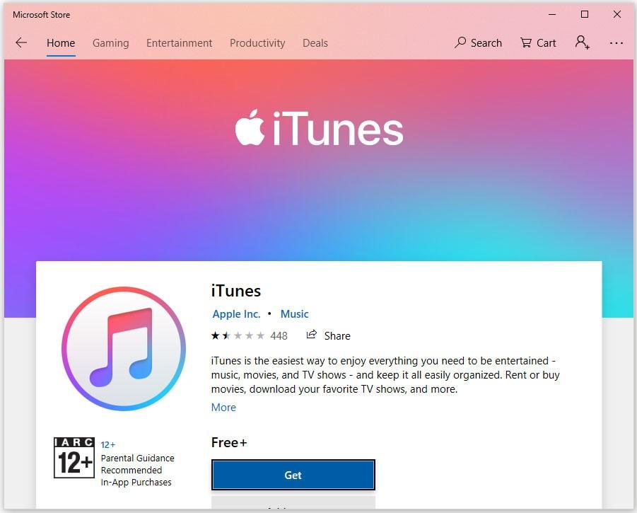 нажмите кнопку «Получить», чтобы загрузить iTunes