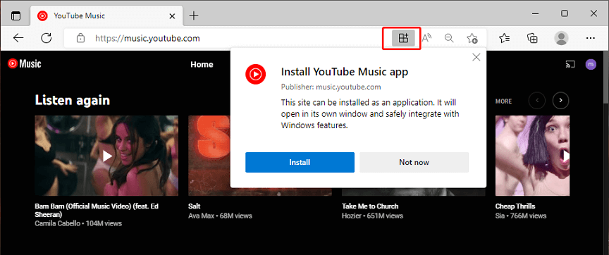 pasang apl desktop YouTube Music dalam Microsoft Edge