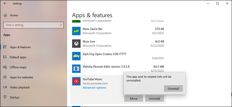 desinstalar o aplicativo YouTube Music para desktop obtido no Microsoft Edge