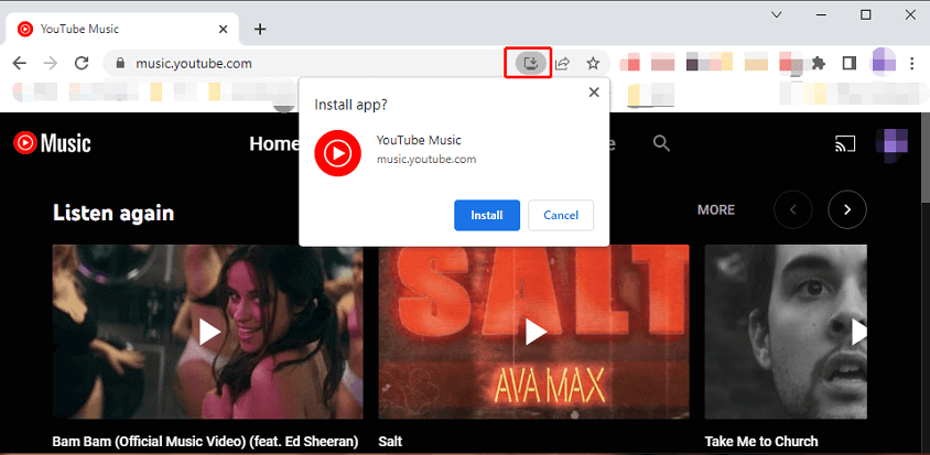 pasang apl desktop YouTube Music dalam Google Chrome