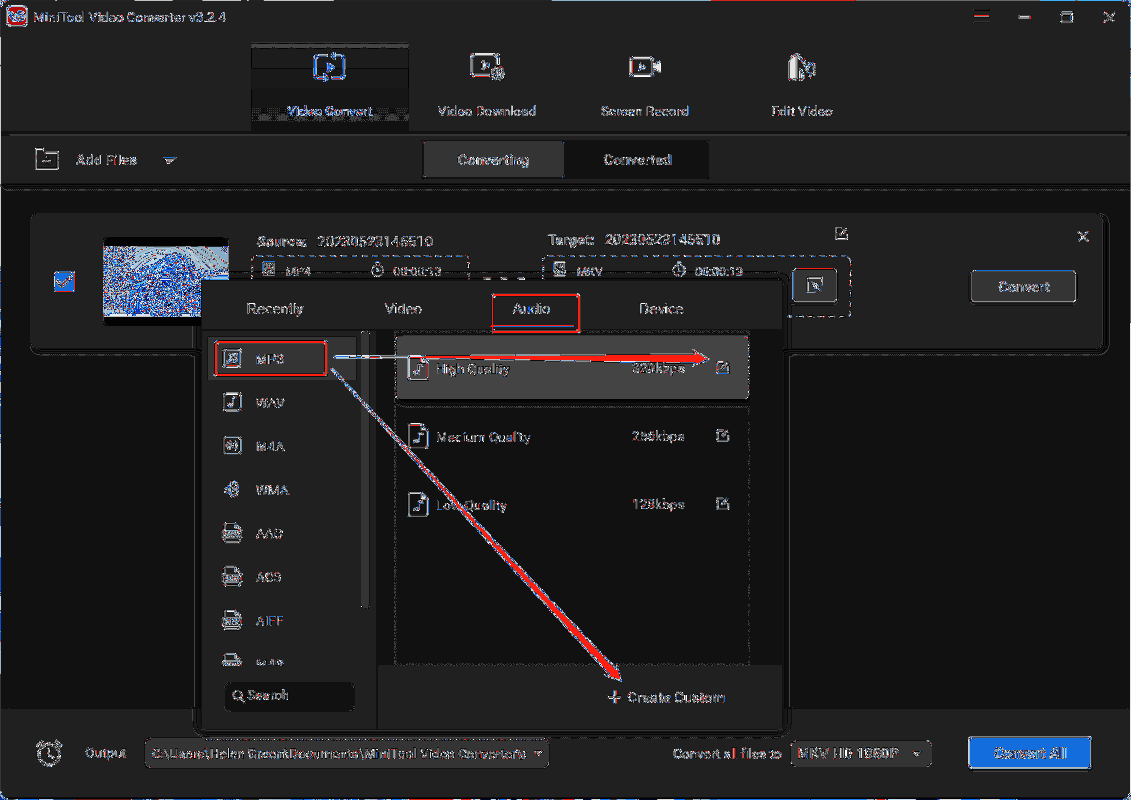 Wählen Sie MP3 und geben Sie Details an