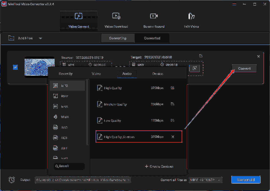 selecione o formato de áudio personalizado e clique em converter