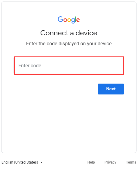 digite o código exibido no seu dispositivo