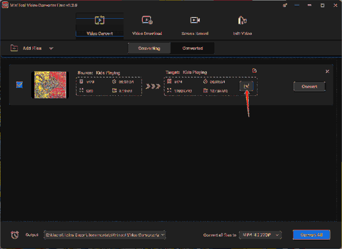 clique no ícone de configurações para especificar o formato do arquivo de saída