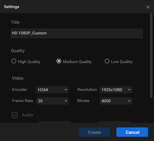 configurações detalhadas de formato de vídeo