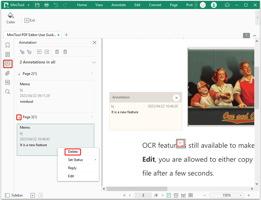 удалить комментарии из PDF с помощью MiniTool PDF Editor