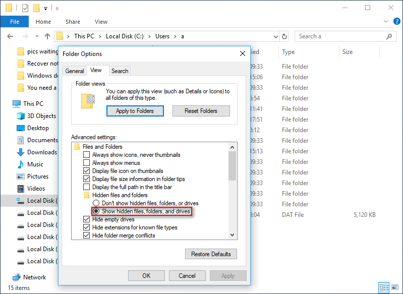 Показать скрытые файлы, папки и диски