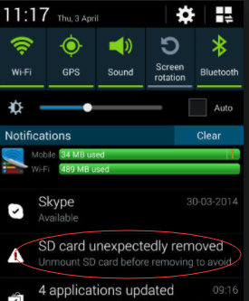 Cartão SD removido inesperadamente