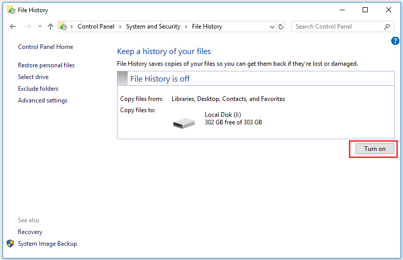 включить историю файлов в Windows 10