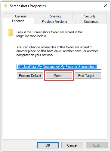 alterar o local das capturas de tela do Windows 10