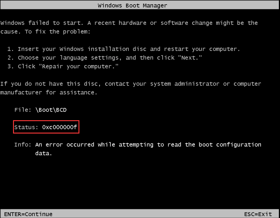 o erro 0xc000000f durante a inicialização do Windows 7