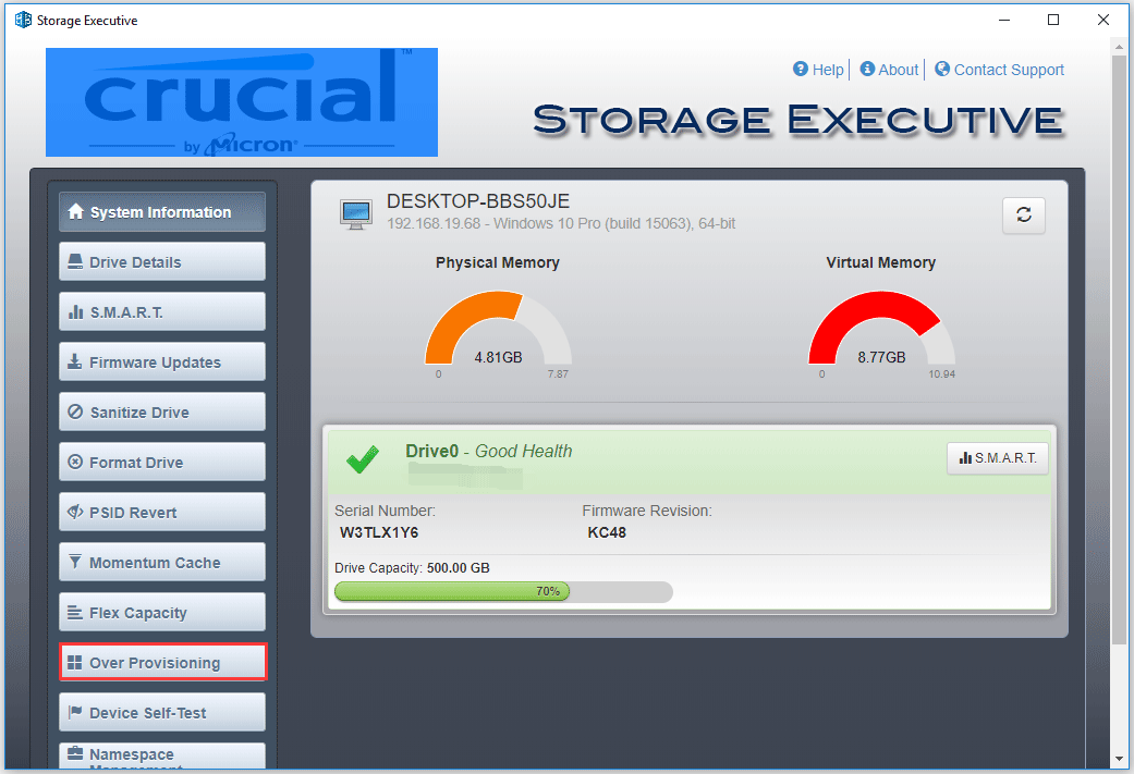 escolha Over Provisioning on Crucial Storage Executive