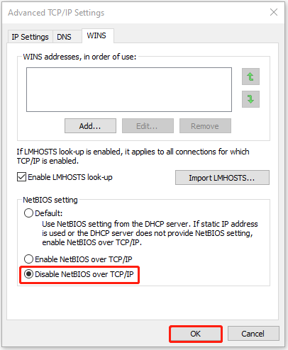 установите флажок Отключить NetBIOS через TCP/IP.