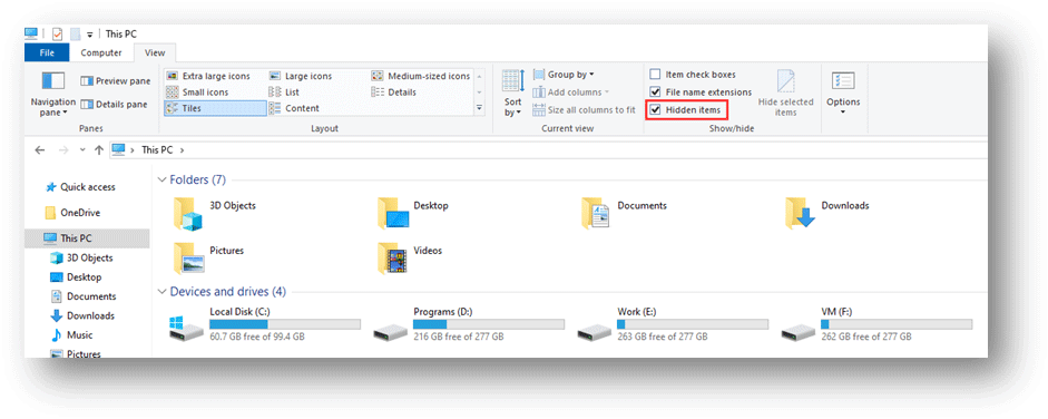 заставить Windows показывать скрытые файлы