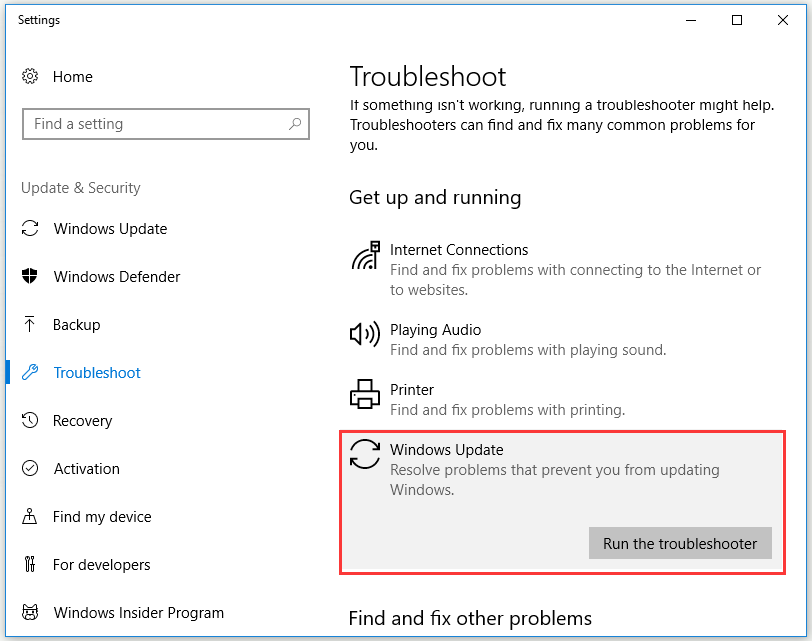 הפעל את פותר הבעיות של Windows Update