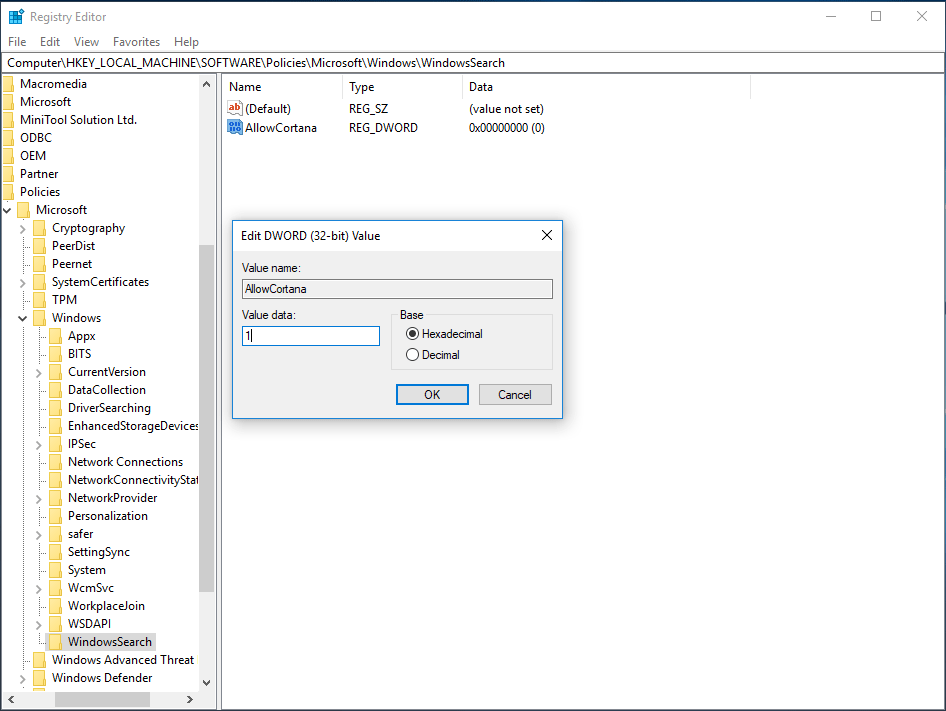 habilitar Cortana através do Editor de Registro do Windows