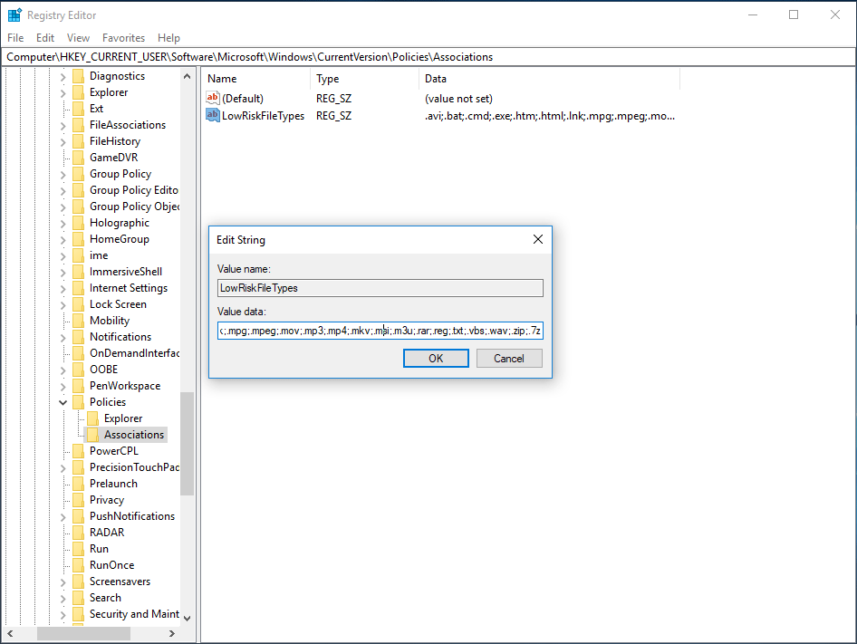 отключить предупреждение о безопасности при открытии файлов в реестре Windows 10
