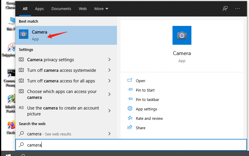 откройте приложение камеры в Windows 10