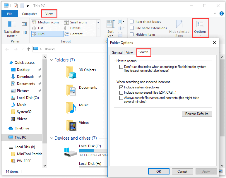 alterar opções de pesquisa Windows 10