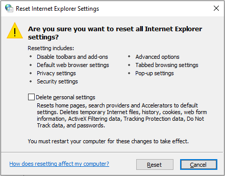 сбросить настройки Internet Explorer