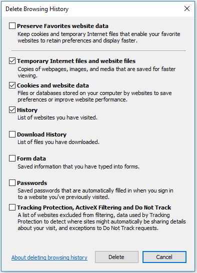 очистить кеш и файлы cookie в Internet Explorer 11