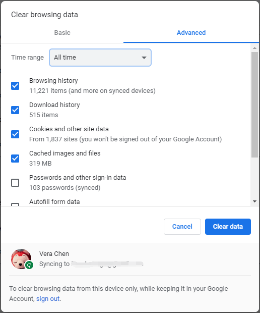 очистить данные просмотра, чтобы исправить зависание Chrome в Windows 10
