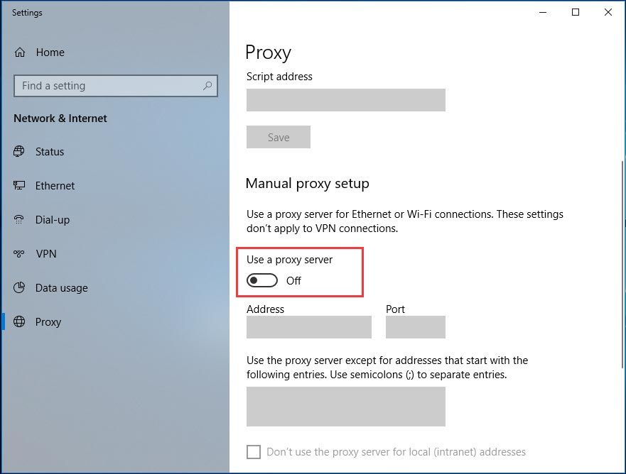 desative o servidor proxy nas configurações do Windows 10