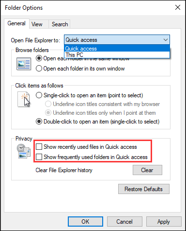 desative o acesso rápido do Windows 10
