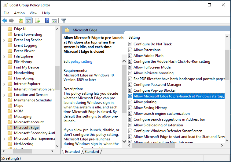 Разрешить предварительный запуск Microsoft Edge при запуске Windows
