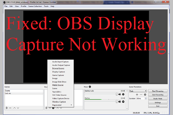 A captura de tela OBS não está funcionando