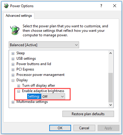 vypnout adaptivní jas Windows 10